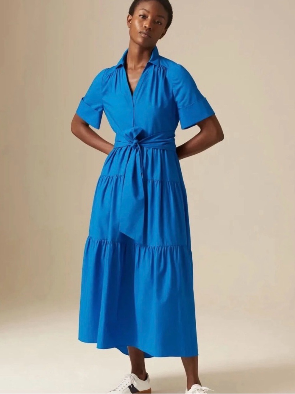 ME+Em Bright Blue Tiered Poplin Belted Midi Dress | 8